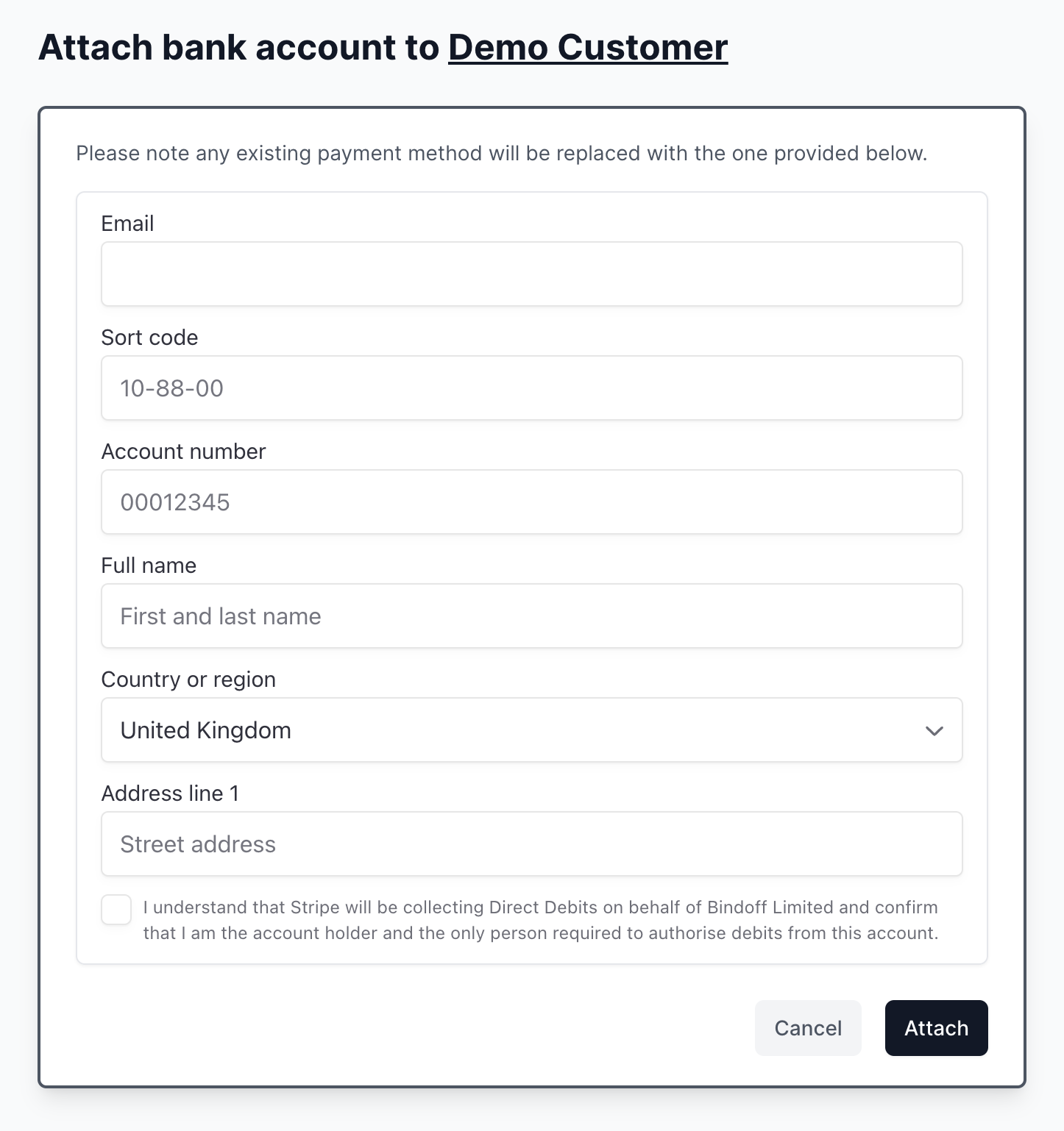 Attach bank account