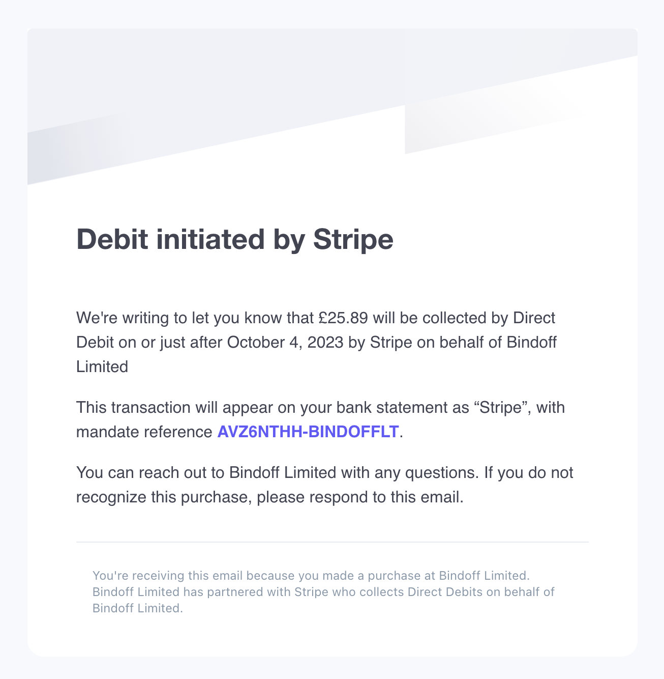 Debit initiated email