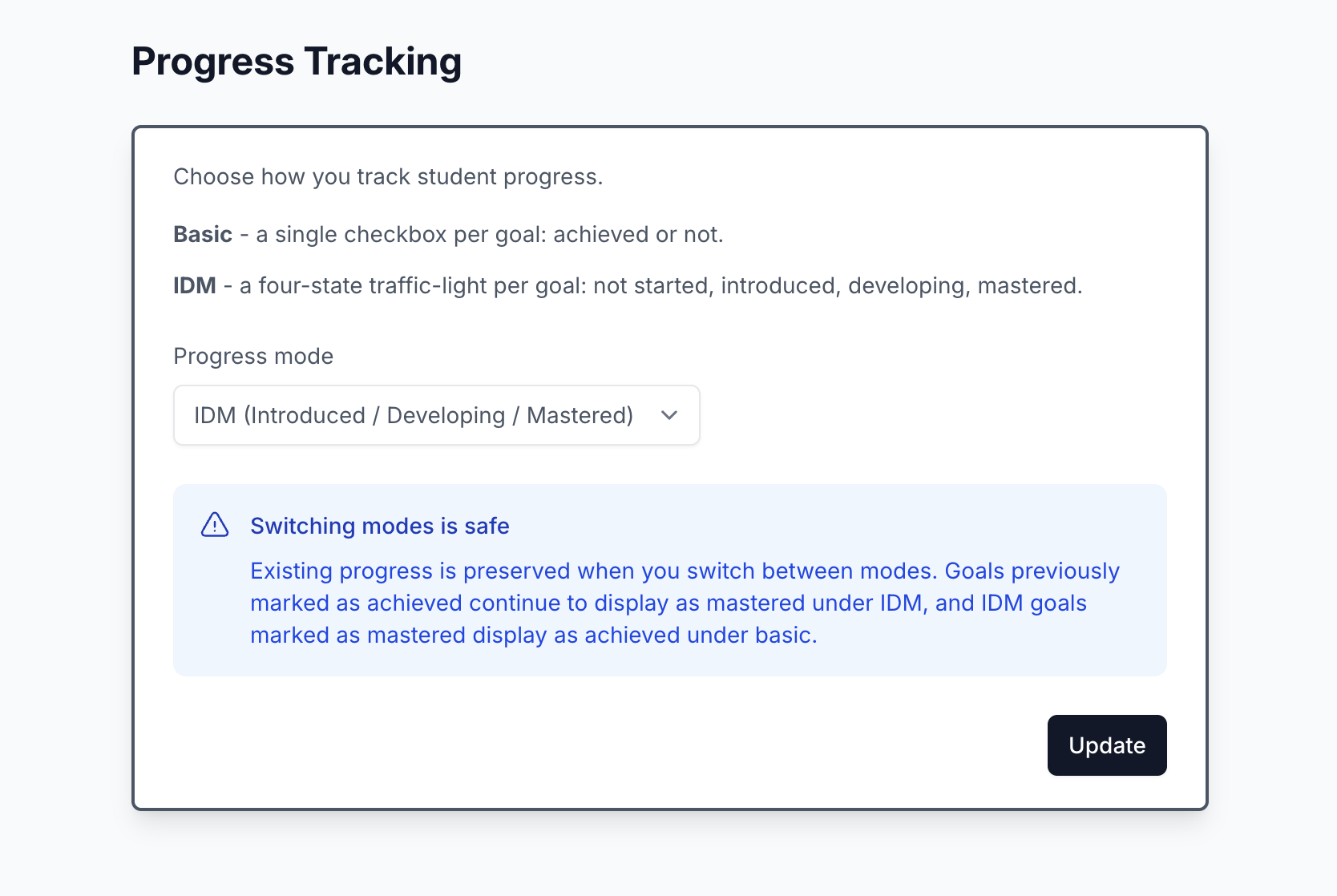 Progress tracking settings