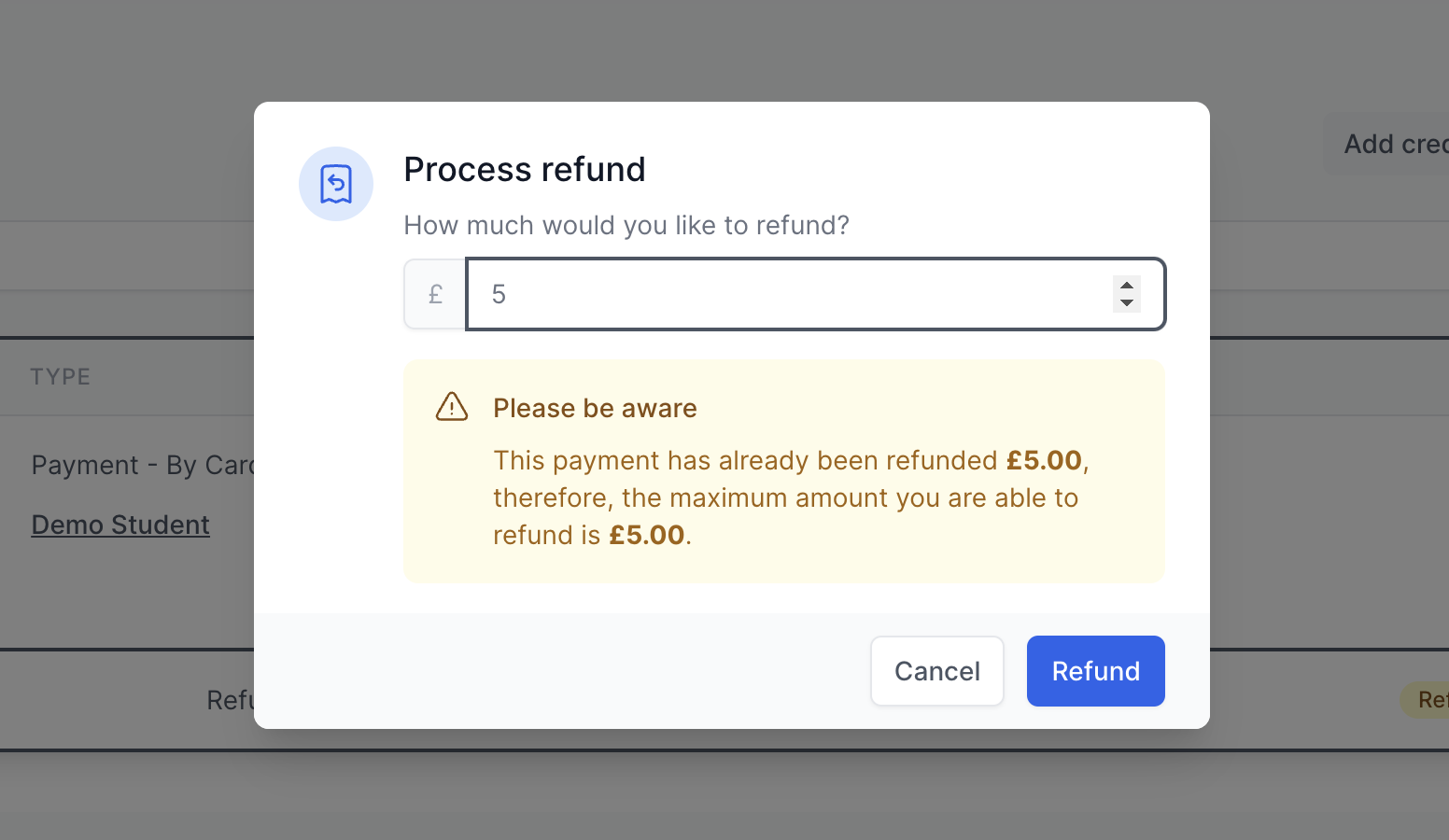 Partial refund modal