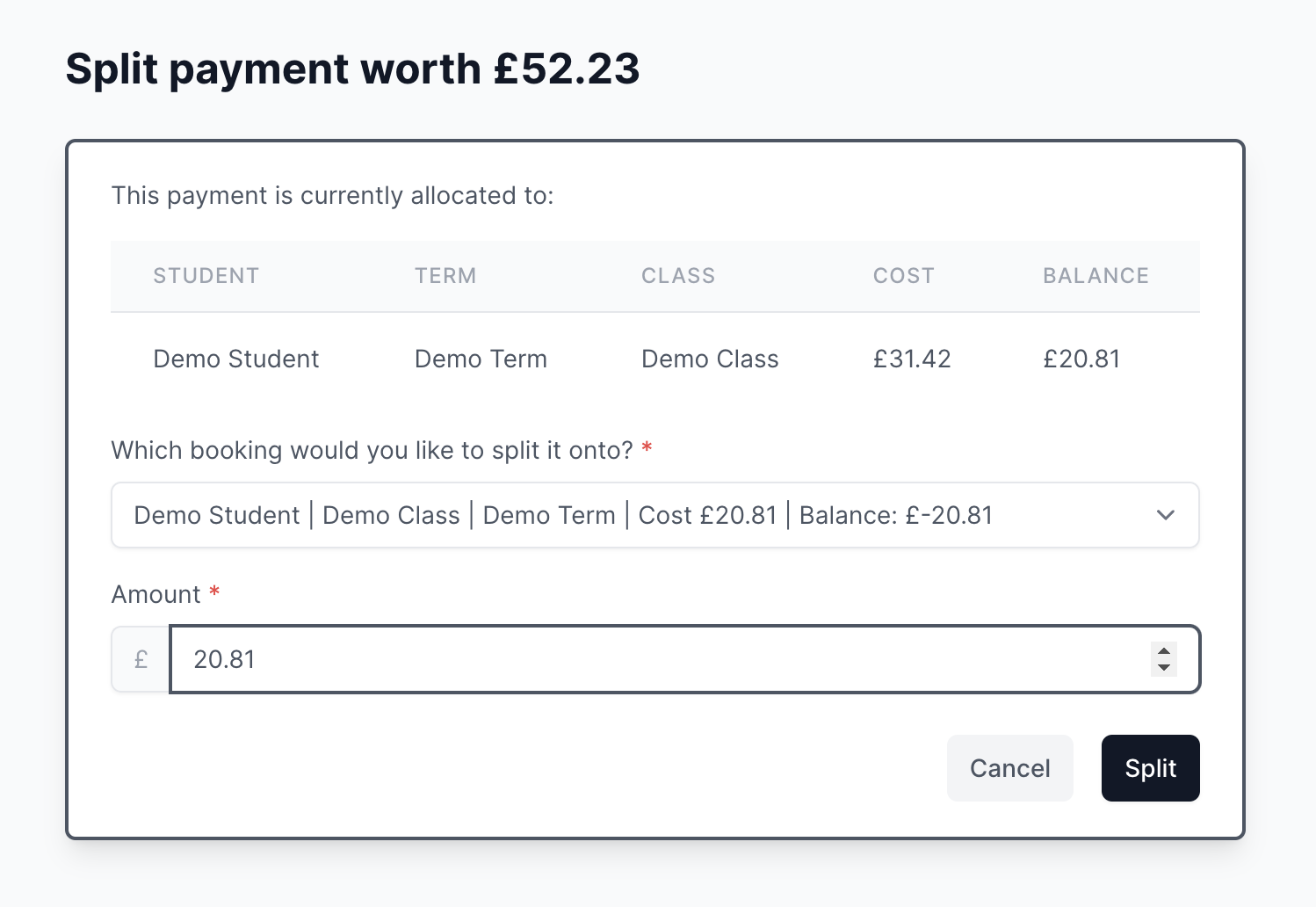 Splitting a payment form